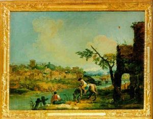 Capriccio Con Case Rustiche E Figure by Michele Marieschi
