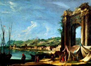 A Mediterranean Harbour With Sailors And Merchants On A Quay By A Classic Ruin
