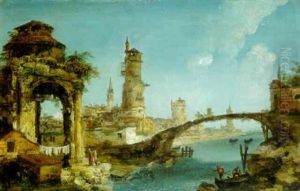 A Capriccio Of A Town With Medieval Round Towers On A River by Michele Marieschi