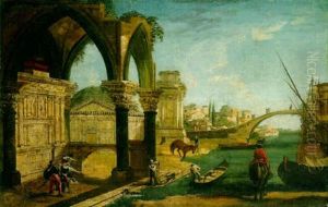A Cappricio Of A Ruined Gothic Portico And A Horseman By A Canal