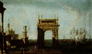 Architectural Capriccio With Figures Standing Beside A Triumphal Arch On A Quay by Michele Marieschi