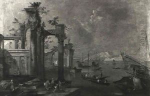 Harbour View With Architectural Ruins And Merchants by Michele Marieschi