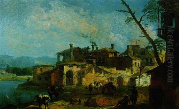 Capriccio Con Case Rustiche, Dorf An Einem Fluss Mit Pferden - view 1