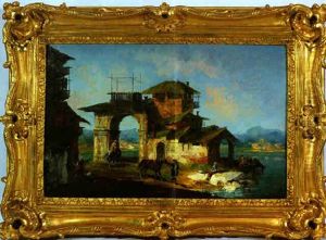 Capriccio Con Case Rustiche, Flusslandschaft Mit Reitern Voreinem Haus Mit Antikem Torbogen