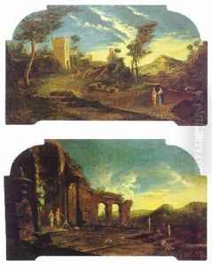 Figures On A Path By A City Wall, In A Landscape & Figures On A Ruined Terrace By A Lake by Michele Marieschi