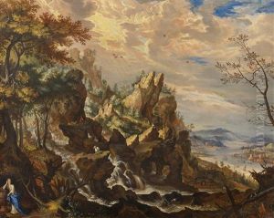 Felslandschaft Mit Figurenstaffage Und Ausblick Auf Ein Flusstal by Pierre-Jean Mariette