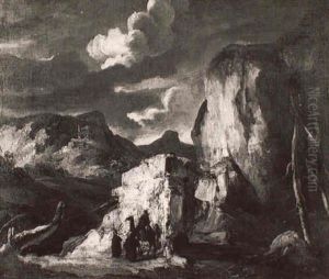 Paysage Rocheux Au Lama Et Personnages Paysage Rocheux Au Lama Et Personnages