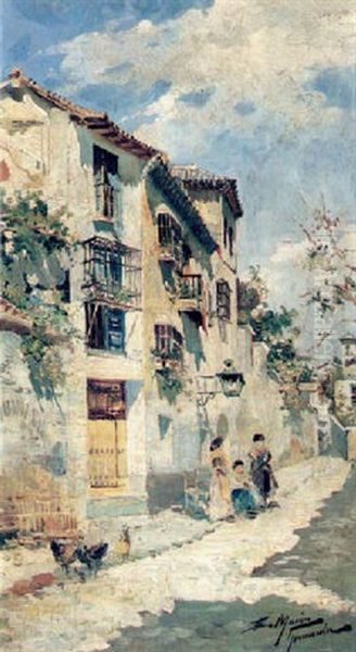A Sunlit Street Scene With Figures - view 1