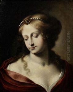 Portrait Of A Lady, Bust-length, In A Red Cloak, Within A Painted Oval by Onorio Marinari