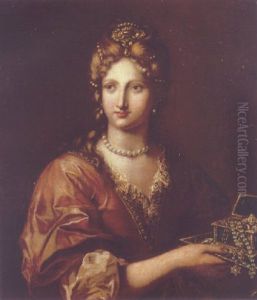 Portrait Of A Lady Wearing A Red Dress With A Pearl Necklace And Pearl Garland In Her Hair by Onorio Marinari