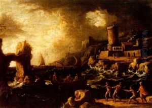 A Stormy Rocky Coastline With Fishermen Pulling In A Boat, A Tower Beyond by Antonio Marini