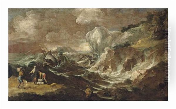 A Mediterranean Harbour With A Shipwreck In Stormy Waters - view 1