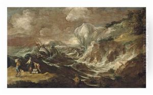 A Mediterranean Harbour With A Shipwreck In Stormy Waters by Antonio Maria Marini