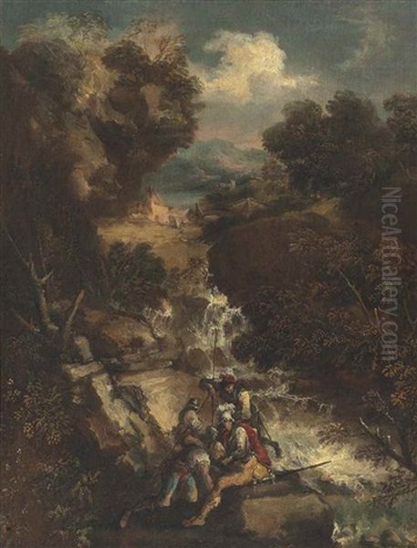 A Wooded River Landscape With Soldiers By A Stream - view 1