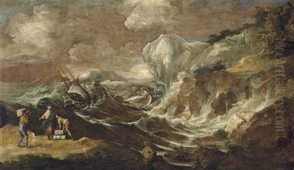 A Mediterranean Harbour With A Shipwreck In Stormy Waters - view 1