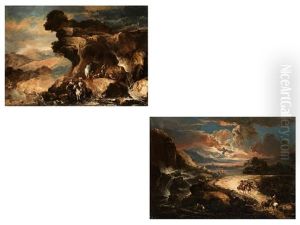 Felsenlandschaft Mit Figurenstaffage An Einem Flusslauf (+ Nachtliche, Bergige Landschaft Im Mondschein Mit Reitern; Pair) by Antonio Maria Marini