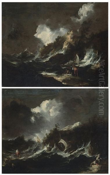 Tempesta In Mare Con Figure (pair) - view 1