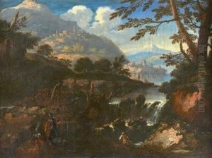 Paysage De Cascade Anime D'un Pecheur Et De Soldats Paysage De Cascade Anime D'un Pecheur Et De Soldats