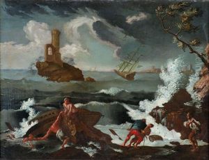 Schiffbruch Im Sturm An Felsiger Kuste Im Meer Eine Insel Mit Rundturm, Im Hintergrund Stadtsilhouette by Antonio Maria Marini