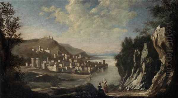 A Rocky Coastal Inlet With A Walled Town In The Distance - view 1