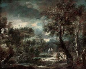 A Wooded River Landscape With Soldiers In Armour Resting