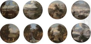 A Wooded River Landscape With Figures On A Bridge (+ 7 Others; 8 Works)