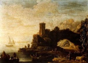 A Rocky Coastal Inlet With Fisherfolk, A Tower And An Arch Beyond by Antonio Maria Marini