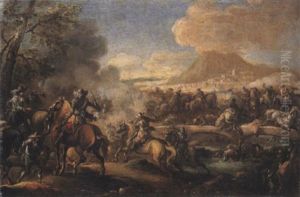 Combats De Cavaliers Autour D'un Pont by Antonio Maria Marini