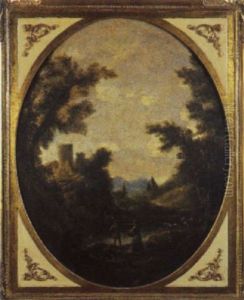 Paesaggio Fluviale Con Astanti Ed Un Torrione In Lontananza by Antonio Maria Marini