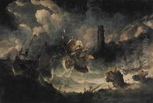 A Coastal Landscape With Ships In A Storm by Antonio Maria Marini