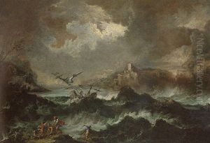 Stormy Seas With A Shipwreck And Fishermen Hauling In Their Nets
