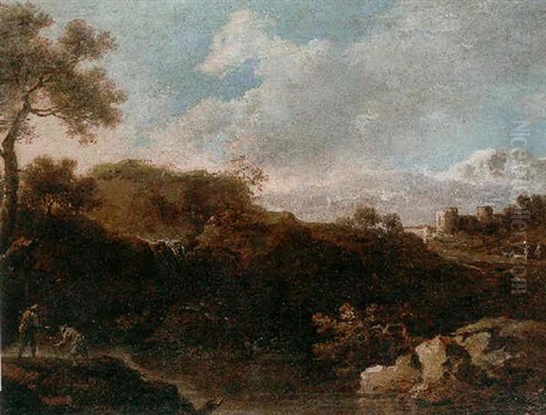 A River Landcape With Travellers Resting Before A Waterfall - view 1