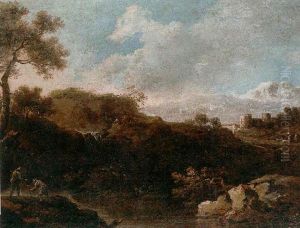 A River Landcape With Travellers Resting Before A Waterfall by Antonio Maria Marini