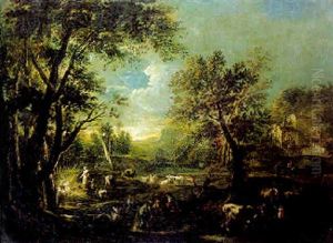 A River Landscape With Drovers And Cattle And An Encampment At Dawn