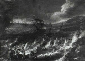 A Man Of War Foundering Off A Rocky Coastline With Other    Ships In Stormy Seas Beyond