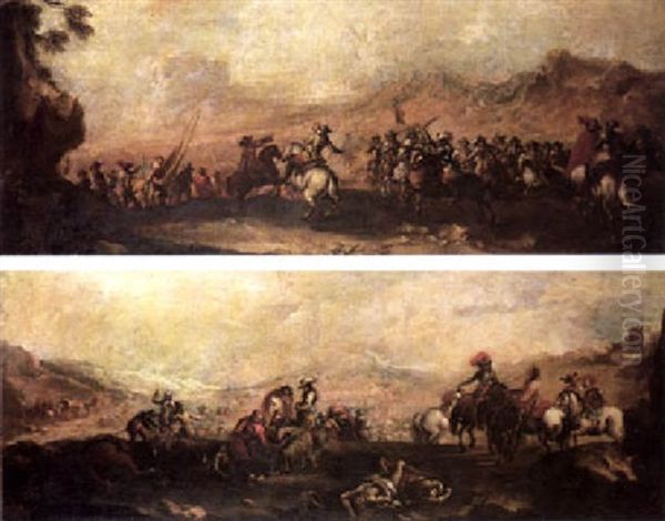 A Trumpeter Sounding A Call To Horsemen Galloping  Over A Hill... Soldiers On A Hill Above A Battlefield.. - view 1