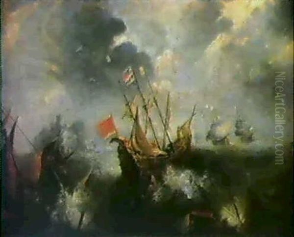 Ships Floundering In Heavy Seas Before A Small Island - view 1