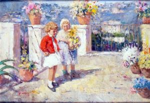 Enfants Sur Une Terrasse Fleurie Des Hauteurs De Naples by Francesco di Marino