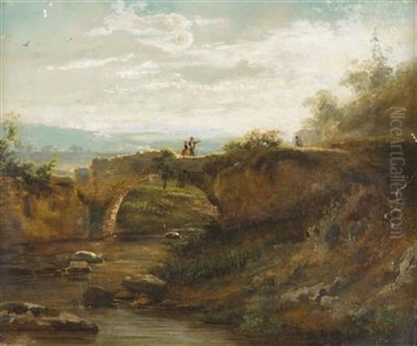 Paar Auf Steinbrucke In Landschaft Blickend - view 1