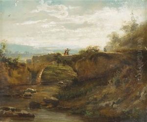 Paar Auf Steinbrucke In Landschaft Blickend by Ferdinand Joseph Bernard Marinus
