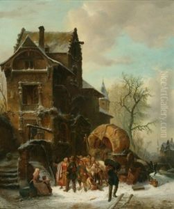 Vue De Ville Hivernale Avec Scene De Demenagement by Ferdinand Joseph Bernard Marinus