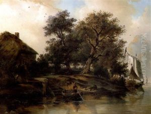 Paysage Fluvial Avec Personnage Dans Une Barque Amarree by Ferdinand Joseph Bernard Marinus