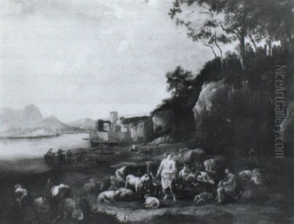 Shepherds And Shepherdesses In An Italianate Landscape With Cattle - view 1