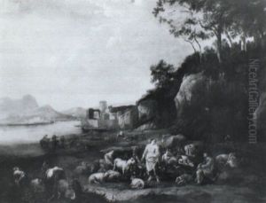 Shepherds And Shepherdesses In An Italianate Landscape With Cattle by Bernardino di Mariotto