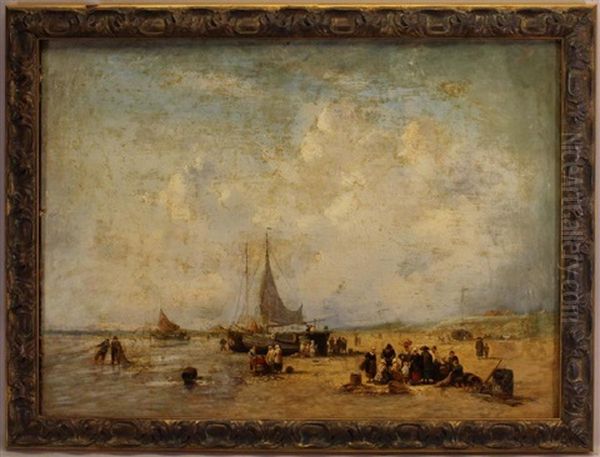 Painting Of Figures On A Beach With A Sailing Vessel - view 1