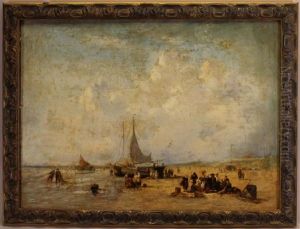 Painting Of Figures On A Beach With A Sailing Vessel
