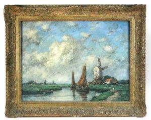 Sailing Ships On A River By A Windmill by Jacob Henricus Maris