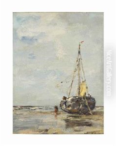 Sailing Ship At Low Tide (fishing Smack On The Beach) by Jacob Henricus Maris