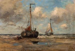 Moored Barge On The Beach by Jacob Henricus Maris