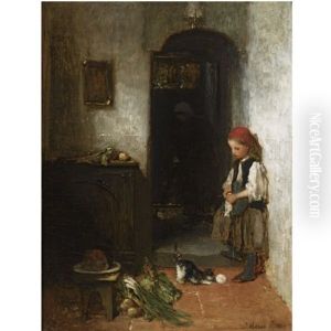 A Girl With A Playing Kitten by Jacob Henricus Maris